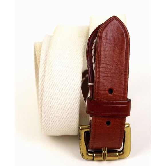 ITALIAN BROWN GENUINE LEATHER 1 1/4"Wd CREAM CANVAS GOLF MEN'S BELT 42-44 (67M - Picture 1 of 11